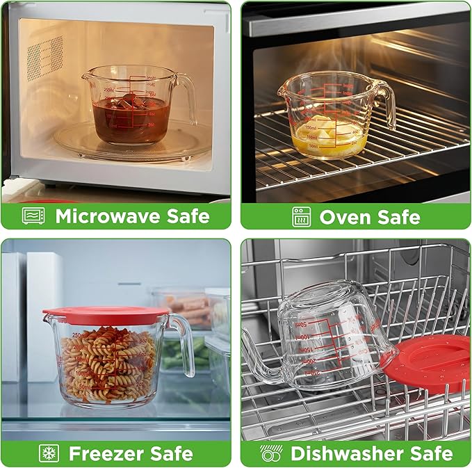 NutriChef 1 Cup Glass Measuring Cup with Lid (8 oz) - Heat-Resistant Borosilicate Liquid Measure Cup with Easy-Read Scale for Cooking, Baking and Food Storage, Dishwasher and Freezer Safe