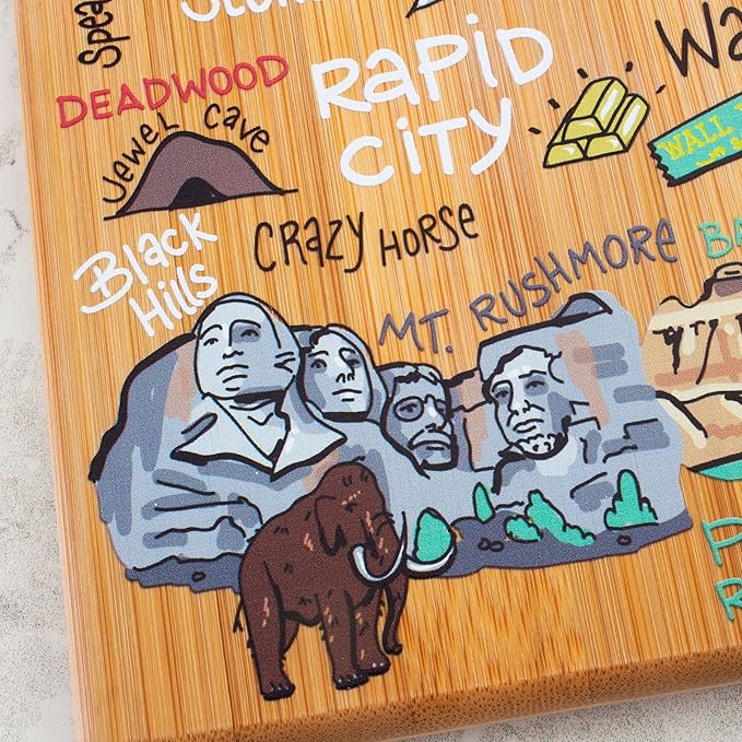 Totally Bamboo South Dakota State Shaped Cutting Board and Charcuterie Serving Platter with Artwork by Fish Kiss, Includes Hang Tie for Wall Display