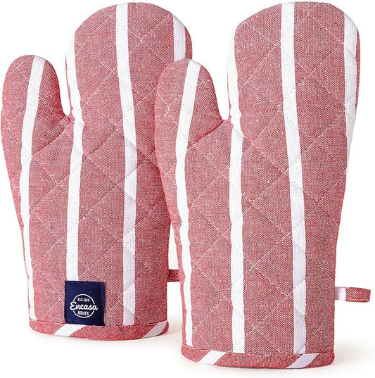 Encasa XO Long 12"x7" Oven Microwave Hand Gloves Mitts (2 pc Set) for Kitchen Cooking & Baking - Heat Resistant, Thick & Safe, Protection of Hands from Hot Utensils - Roma Red Stripes