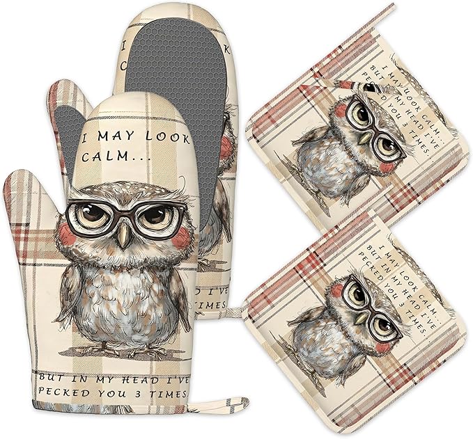 Funny Owl with Sunglasses Oven Mitts and Pot Holders Sets of 4, Heat Resistant Vintage Plaid Silicone Oven Mitts Gloves Non-Slip Kitchen Mittens Potholders for Cooking Baking Grilling BBQ