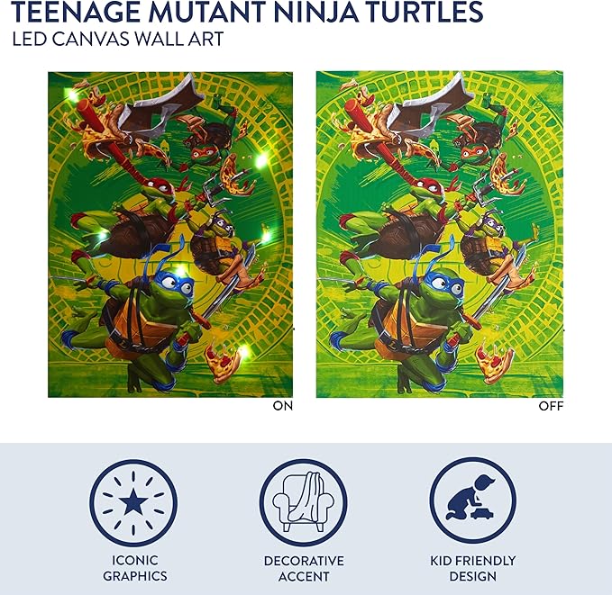 Teenage Mutant Ninja Turtles LED Wall Art for Kids,11.5x15.75 Inch Light-Up Canvas Décor with Hanging Hooks, Battery Operated Night Light for Toddlers & Children’s Bedrooms or Playrooms