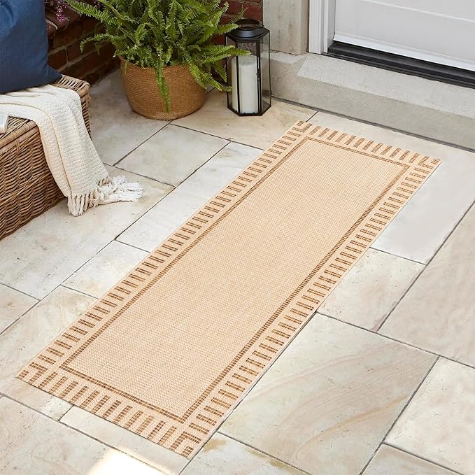 Gertmenian Indoor/Outdoor Flatweave Rug - 2x6 Runner, Stain & UV Resistant, Quick-Drying, Ideal for Deck, Patio, Poolside, Mudroom - Klano Striped Sand, Chestnut, 28003