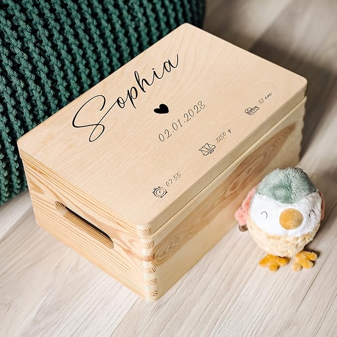 Creative Deco Personalized Wooden Storage Box Baby Memory Box | 11.8x7.87x5.51in (+-0.5) | Hinged Lid Handles Engraving | Multiple Choice Birth Baptism | Gift Box | UNSANDED Keepsake Souvenir