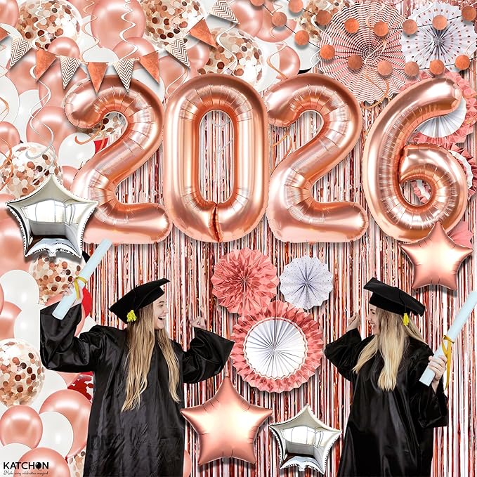 KatchOn, Rose Gold Birthday Decorations Set - Huge Pack of 145 | Rose Gold Fringe Backdrop, Balloons, Garland for Birthday Decorations, Graduation Decorations 2026 | Graduation Eve Party Supplies