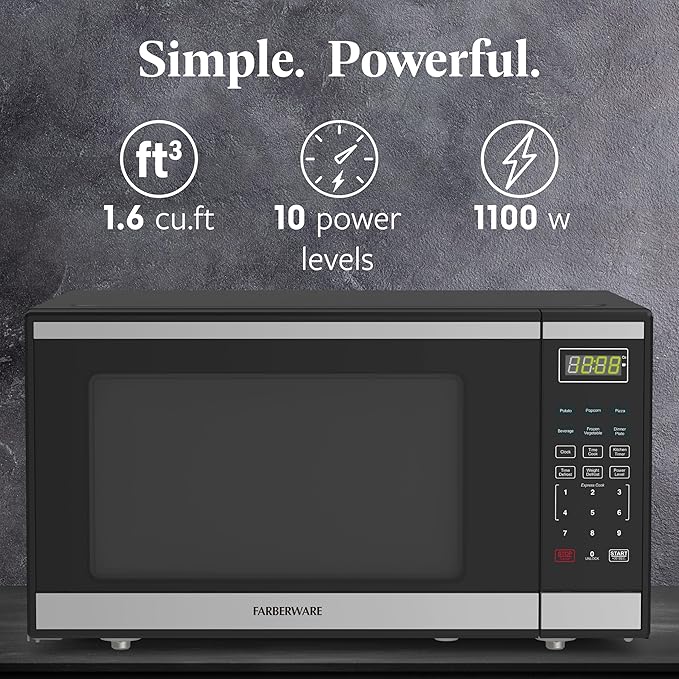 Farberware 1.6 Cu. Ft. Countertop Microwave Oven – 1100 Watts Power, Auto Cook Settings, Defrost, Easy Clean and Child Safety Lock - Stainless
