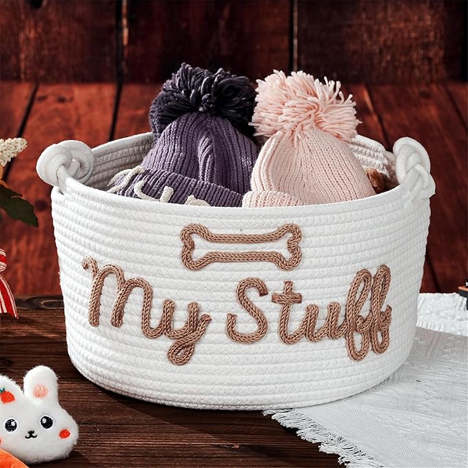 JUPPE Pet Dog Storage Basket with Bone Design, Cotton Rope Woven Organizer, Pet Dog Stuff Organizer With My Stuff Pattern (White pet basket)