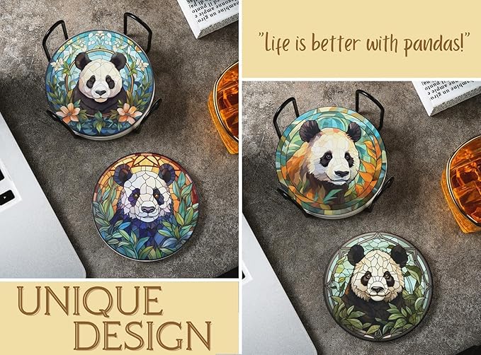 Panda Gifts for Girls Women Adults, Panda Coaster Home Decor for Birthday Christmas Thanksgiving, Set of 6, Ceramic, Absorbent with Cork Base