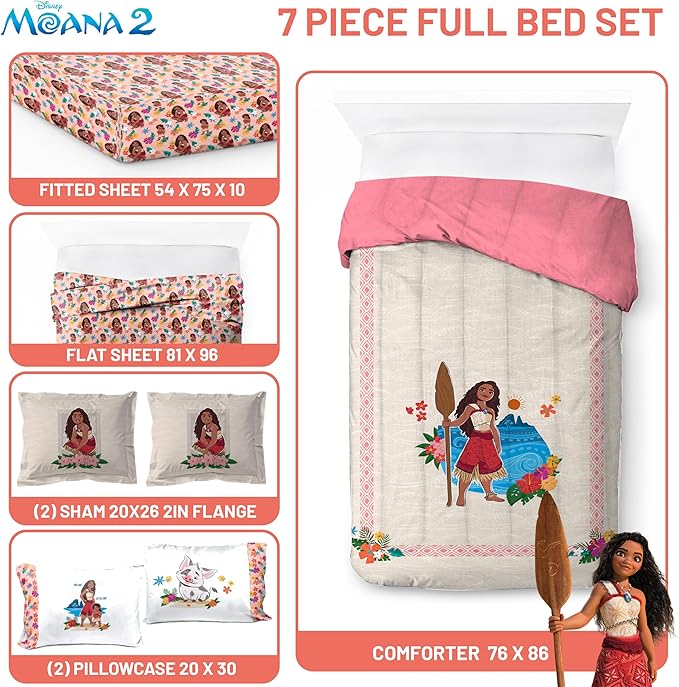Jay Franco Disney Moana Full Size Comforter Set - 7 Piece Bedding Includes Sheet Set & Pillow Covers - Super Soft Floral Kids Bedding