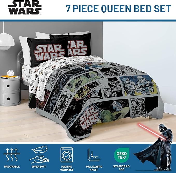 Jay Franco Star Wars Comic Book Queen Size Comforter Set - 7 Piece Bedding Includes Sheet Set & Pillow Covers - Super Soft Cozy Kids Bedding