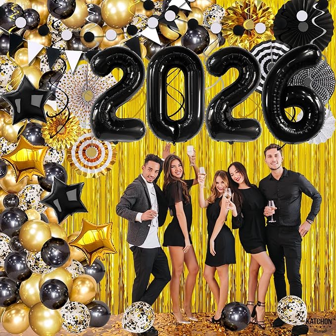 Katchon, New Years Eve Party Supplies 2026 - Huge, Pack of 115 | Happy New Year 2026 Balloons Arch Kit | Gold Fringe Backdrop Curtain, New Year Balloons | New Years Decorations 2026, Nye Decorations