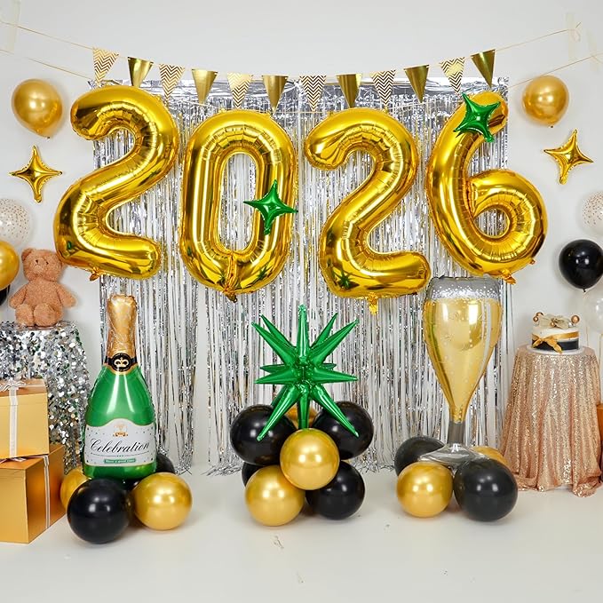 Gold 2026 Balloons, 40 Inch Number Gold Foil Balloons, Gold and Green Star Balloon with Champagne Bottle Glass Balloon for Happy New Years Eve Party Supplies 2026 Class of 2026 Graduation Decorations