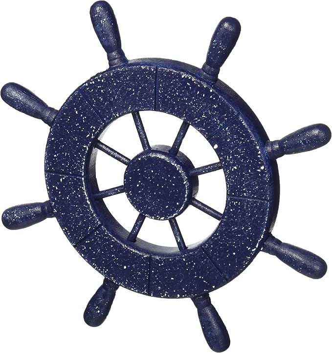 Handcrafted Nautical Decor Rustic All Dark Blue Decorative Ship Wheel with Starfish with Hook 6" - Wooden