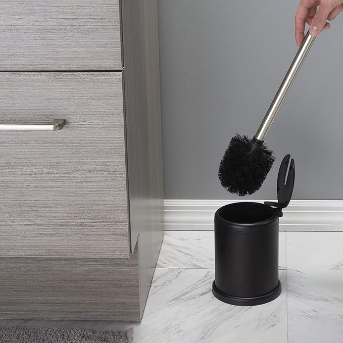 Bath Bliss Toilet Brush and Holder | Self Closing Lid | 360 Degree Brush Head | Bathroom Cleaning | Compact Size | Storage and Organization | Matte Black