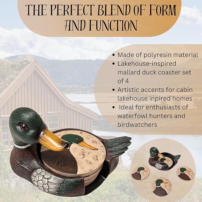 BestGiftEver Mallard Duck Coaster Set of 4 - Round Polyresin Bar Coasters for Drinks, Lakehouse-Themed Kitchen Bar Decoration, Pond and Lake Bird Waterfowl for Tabletop Protection
