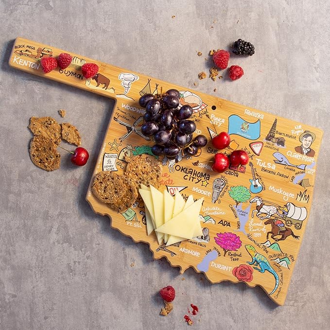 Totally Bamboo Oklahoma State Shaped Cutting Board and Charcuterie Serving Platter with Artwork by Fish Kiss, Includes Hang Tie for Wall Display