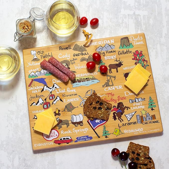 Totally Bamboo Wyoming State Shaped Cutting Board and Charcuterie Serving Platter with Artwork by Fish Kiss, Includes Hang Tie for Wall Display
