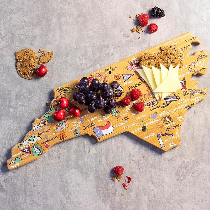 Totally Bamboo North Carolina State Shaped Cutting Board and Charcuterie Serving Platter with Artwork by Fish Kiss, Includes Hang Tie for Wall Display