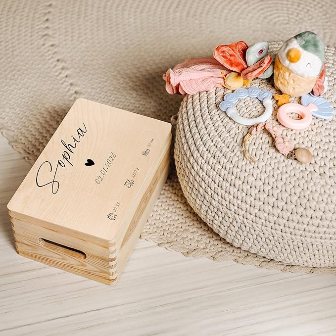 Creative Deco Personalized Wooden Storage Box Baby Memory Box | 11.8x7.87x5.51in (+-0.5) | Hinged Lid Handles Engraving | Multiple Choice Birth Baptism | Gift Box | UNSANDED Keepsake Souvenir