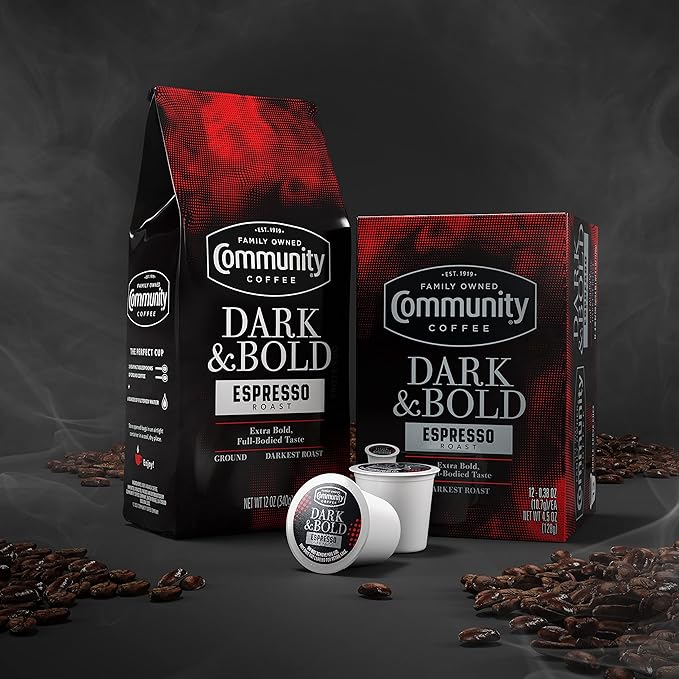 Community Coffee Dark & Bold Espresso Roast, Extra Dark Roast Ground Coffee, 12 Ounce Bag (Pack of 1)