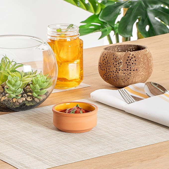 Restaurantware-Terra Tek 2.7 Ounce Terracotta Cazuelas, 2 Yellow Glazed Clay Pots For Cooking - Oven-Ready, Microwavable, Terracotta Serving Pots, Dishwashable, For Cooking And Serving
