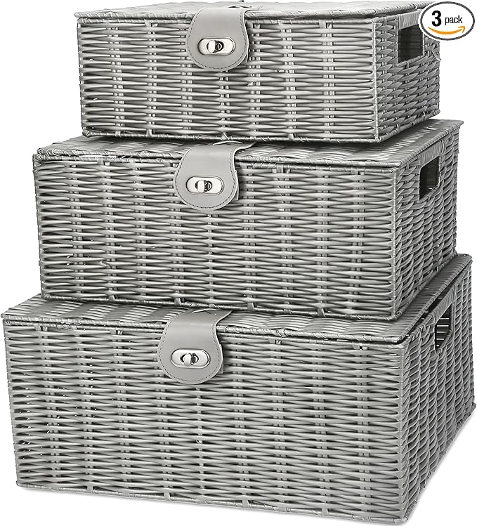 Honygebia Grey Wicker Storage Baskets - Set of 3 Decorative Nesting Boxes with Lids, Woven Basket with Lock & Handle, Organizer for Beauty Makeup Bathroom Decor