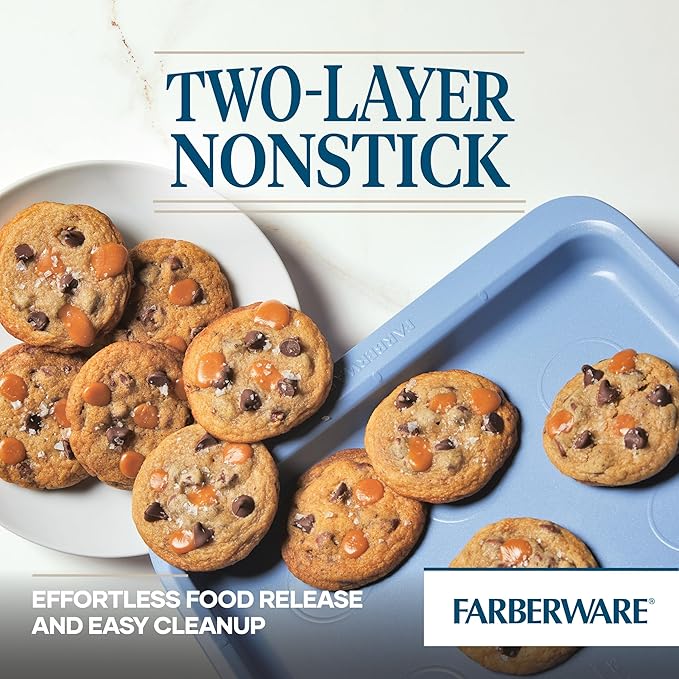 Farberware Easy Solutions Nonstick Bakeware Cookie Pan/Baking Sheet with Drop Zones and Portion Marks, 11 Inch x 17 Inch - Blue
