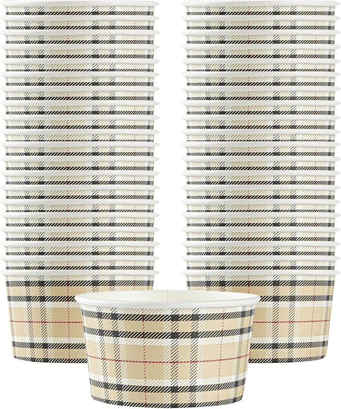 Coppetta 8 Ounce Dessert Cups, 80 Disposable Ice Cream Cups - Lids Sold Separately, Sturdy, Plaid Paper FroYo Bowls, For Hot And Cold Foods, Perfect For Gelato Or Mousse - Restaurantware