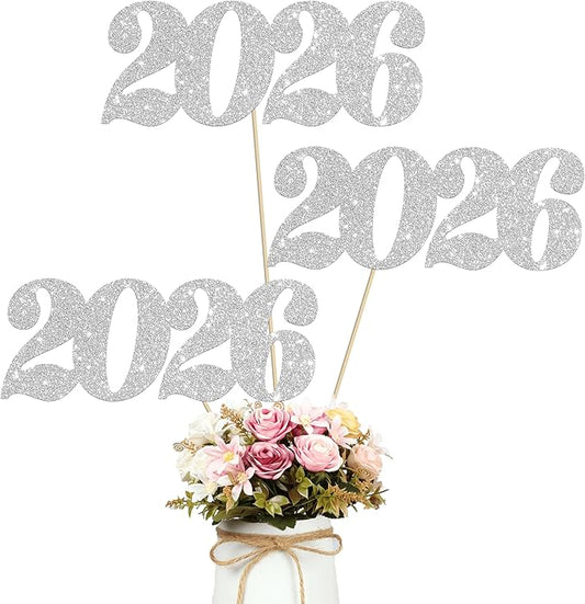 12pcs Silver 2026 Number Theme Centerpiece Sticks Glitter 2026 Graduation Centerpieces for Table New Year Eve Party Table Decorations for Hello 2026 Christmas Party Supplies