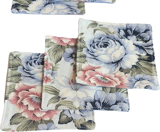 CUSHYSTORE 2 Layers Coasters Saucers Canvas Floral Botanical Fabric 4", 6 Pack - Blue Rose Garden