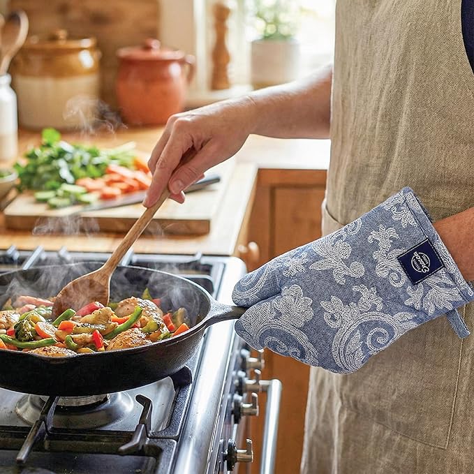 Encasa XO Heat Resistant 100% Cotton Oven Glove & Potholder Set with Loop, Kitchen Cooking Mittens, Microwave Safe Hot Pads (Floral Blue)
