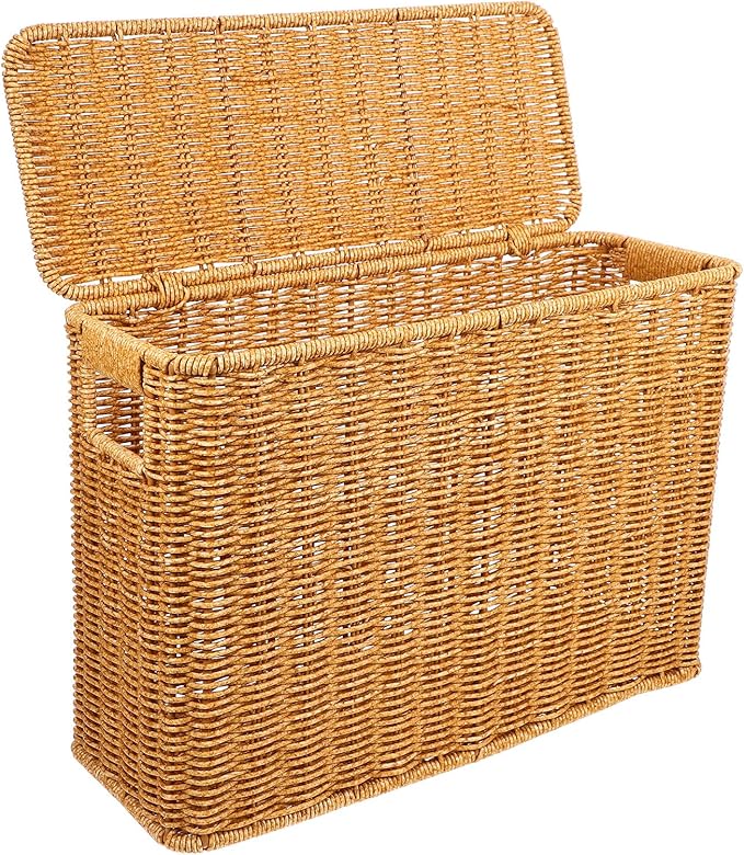 Hemoton Woven Basket Storage Organizer with Lid and Handle 15 Inch Narrow Tall Container for Home Toys Magazines and Sundries