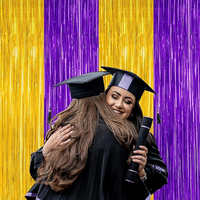 2 Pack Graduation Backdrop, 3.28 FT x 7.05 FT Grad Party Decorations 2026, Purple Gold Backdrop Foil Fringe Curtains, Metallic Purple and Gold Graduation Decorations Class of 2026 Decor