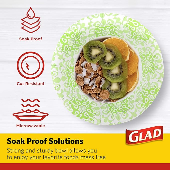 Glad Round Disposable Paper Bowls, Green Victorian Design - Heavy Duty, Soak-Proof, Cut-Resistant, Microwavable Paper Bowls for All Foods and Daily Use, 16 oz, 15 Count