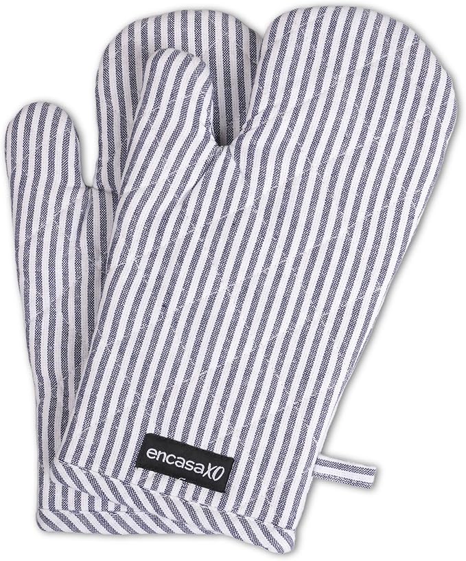Encasa XO Long 12"x7" Oven Microwave Hand Gloves Mitts (2 pc Set) for Kitchen Cooking & Baking - Heat Resistant, Thick & Safe, Protection of Hands from Hot Utensils - Ticking Navy Blue
