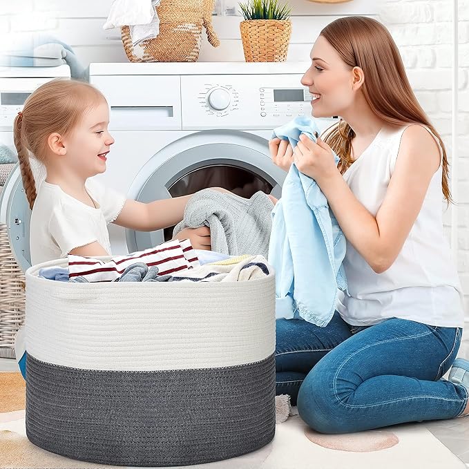 Ravinte Blanket Basket - 20"x 20"x 13" Cotton Rope Basket for Living Room, Baby Toy Storage Basket, Large Woven Laundry Basket (White-DarkGray)