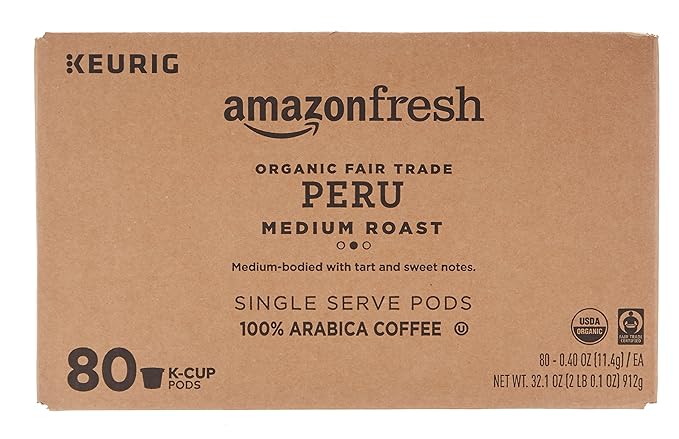 AmazonFresh 80 Ct. Organic Fair Trade K-Cups, Peru Medium Roast, Keurig K-Cup Brewer Compatible