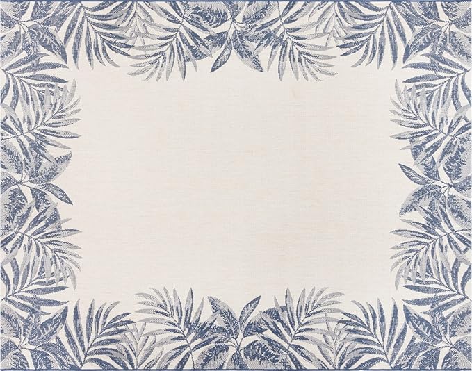 Gertmenian Indoor/Outdoor Flatweave Area Rug - 8x10 Large, Stain & UV Resistant, Ideal For Deck, Patio, Poolside, Mudroom - Palm Tree Border, Navy Blue, 22939