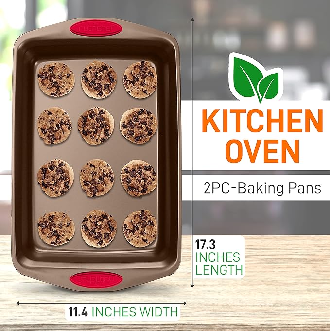 NutriChef 2-Piece Baking Pan Set - Premium Non-Stick Coating Carbon Steel Bakeware w/ Silicone Handles - PFOA, PFOS, PTFE Free Kitchen Oven Bake Tray, Cookie Sheets - Bronze, 17.3"x11.4"x1.2"