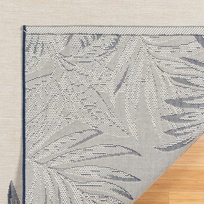 Gertmenian Indoor/Outdoor Flatweave Area Rug - 8x10 Large, Stain & UV Resistant, Ideal For Deck, Patio, Poolside, Mudroom - Palm Tree Border, Navy Blue, 22939