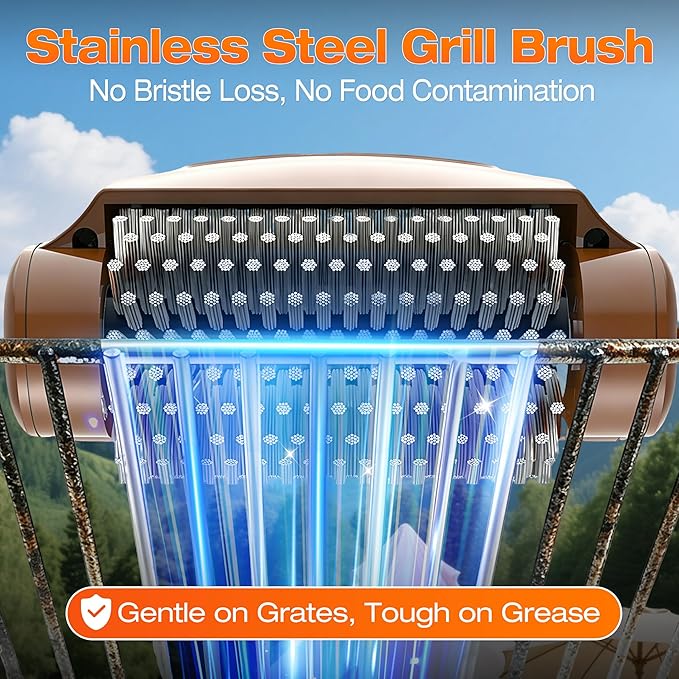 Electric Grill Brush - 4000mAh Cordless BBQ Grill Cleaner 2 Speed - 800RPM Bristle Free BBQ Grill Cleaner Tool Rechargeable with Scraper/LED Light/LED Display for Outdoor/Camping (Brown)