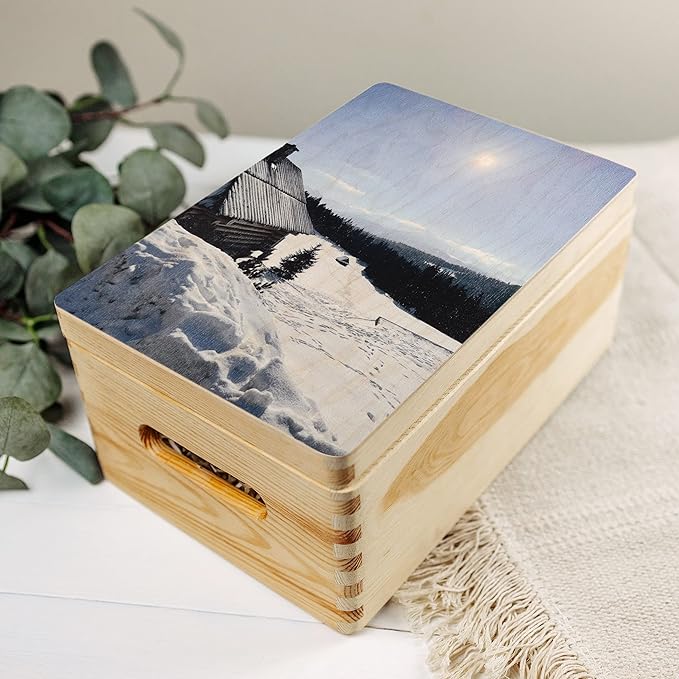 Creative Deco Personalized Wooden Storage Box Photo Box | 11.8x7.87x5.51in (+-0.5) | Hinged Lid, Handles & Engraving | Photo or Logo | Unpainted Gift Box | UNSANDED Keepsake Memory Souvenir Chest