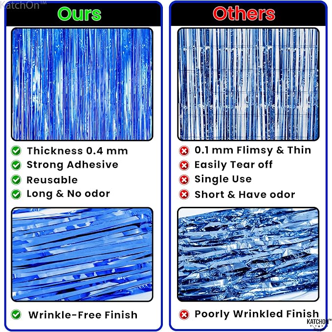 KatchOn, Metallic Blue Backdrop Curtain - Pack of 2 | Blue Streamers for Royal Blue Party Decorations | Foil Fringe Streamers for Under The Sea Party Decorations, Mermaid Bachelorette Decorations