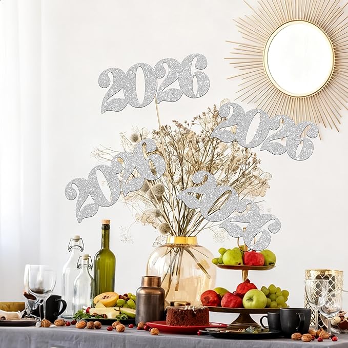 12pcs Silver 2026 Number Theme Centerpiece Sticks Glitter 2026 Graduation Centerpieces for Table New Year Eve Party Table Decorations for Hello 2026 Christmas Party Supplies