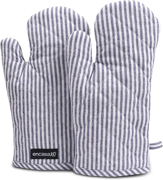 Encasa XO Long 12"x7" Oven Microwave Hand Gloves Mitts (2 pc Set) for Kitchen Cooking & Baking - Heat Resistant, Thick & Safe, Protection of Hands from Hot Utensils - Ticking Navy Blue