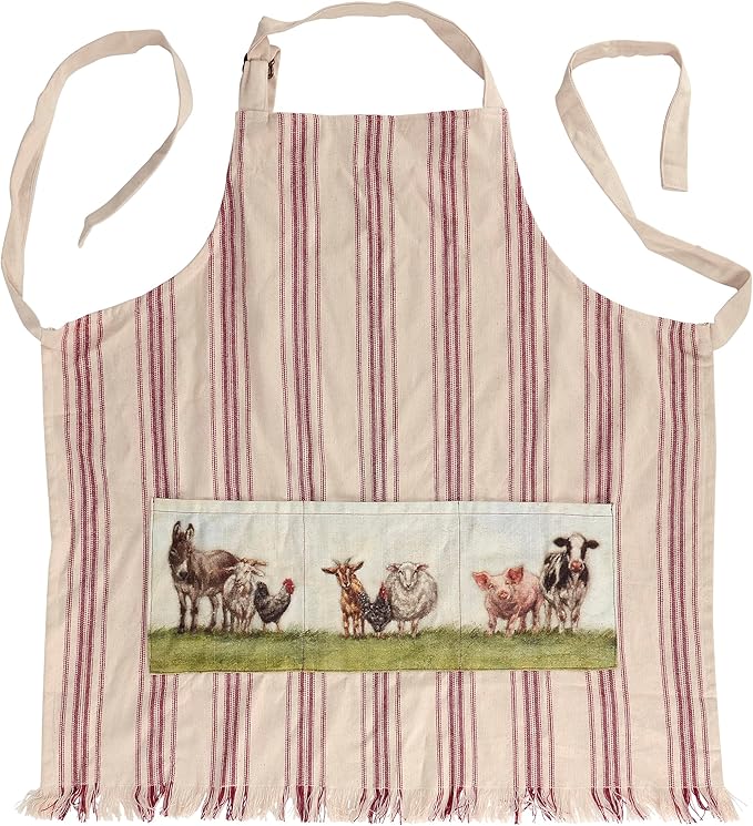 Primitives by Kathy Farm Animals Apron, Stitched Art Panel with Frayed Edge & Dark Red Stripe - Full Coverage with Adjustable Neck & Waist and 3 pockets, Everyday Farmhouse Kitchen Accessory