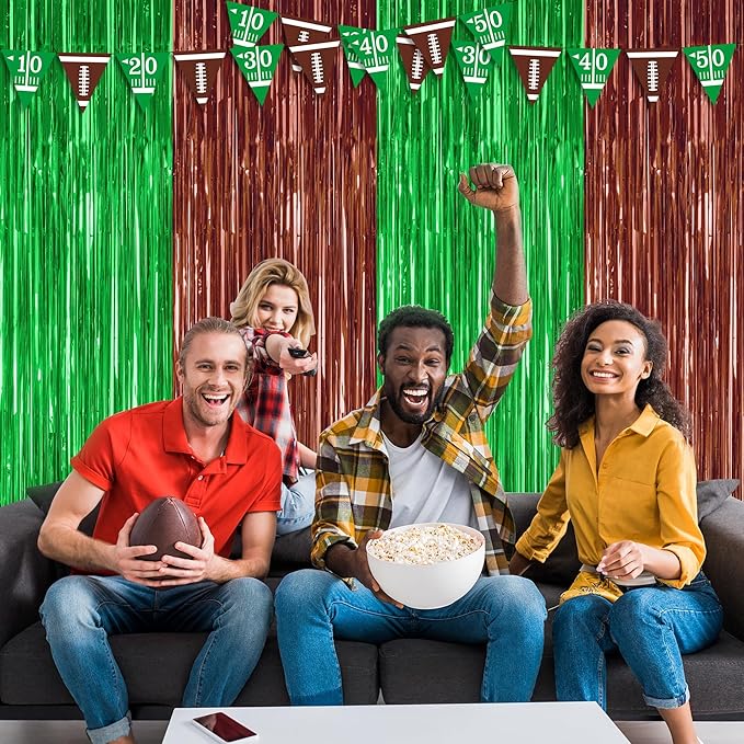 2 Pack Football Party Decorations, 3.28 FT x 7.05 FT Tinsel Backdrop, Brown Green Foil Fringe Curtains Metallic Party Streamer, Football Party Supplies Game Day Decorations 2026