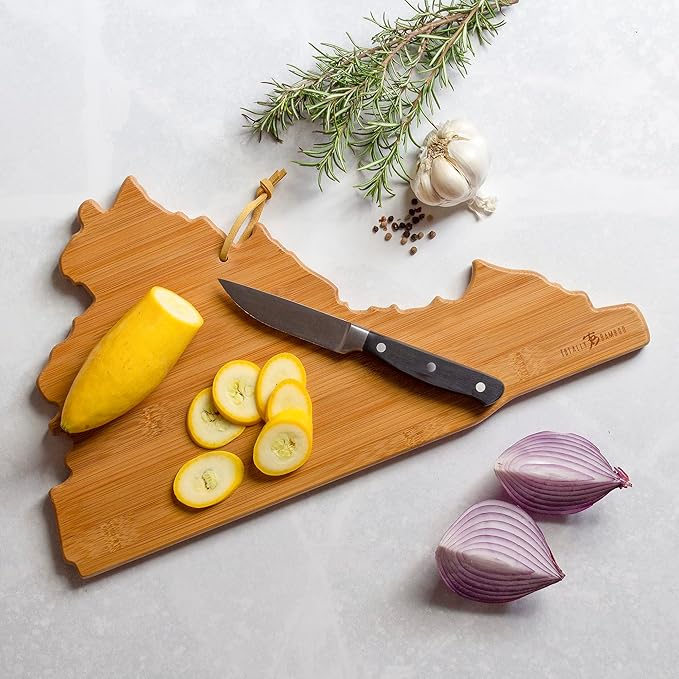 Totally Bamboo Virginia State Shaped Cutting Board and Charcuterie Serving Platter with Artwork by Fish Kiss, Includes Hang Tie for Wall Display