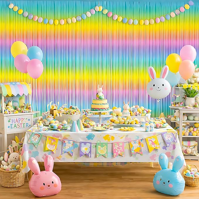 Easter Decorations - Rainbow Tinsel Streamers Backdrop Banner | Easter Party Favors Supplies Indoor Outdoor - Spring Birthday Decor Party Accessories for Wall Door