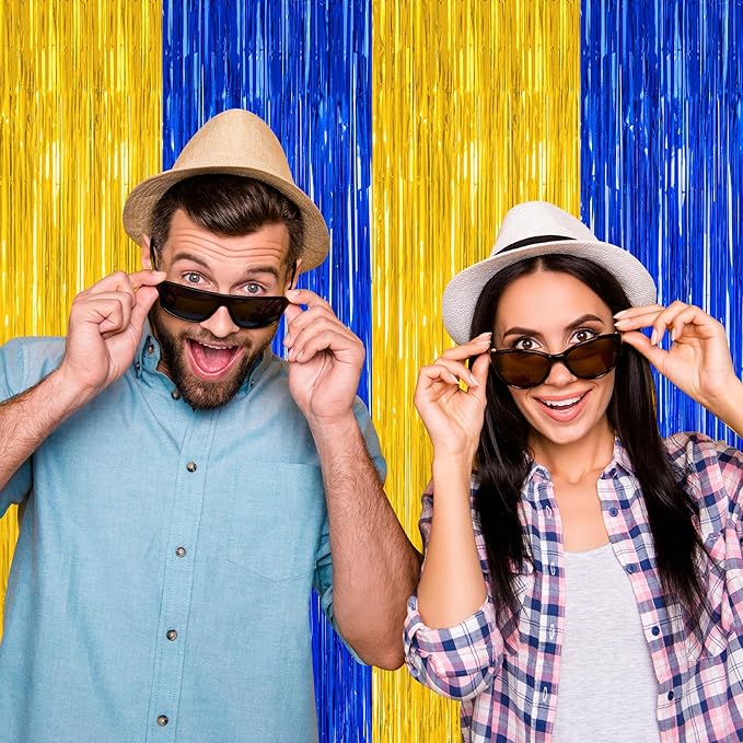 2 Pack Graduation Backdrop, 3.28 FT x 7.05 FT Class of 2026 Decorations, Blue Gold Fringe Curtains Tinsel Backdrop Party Streamer, Metallic Blue and Gold Graduation Decorations 2026