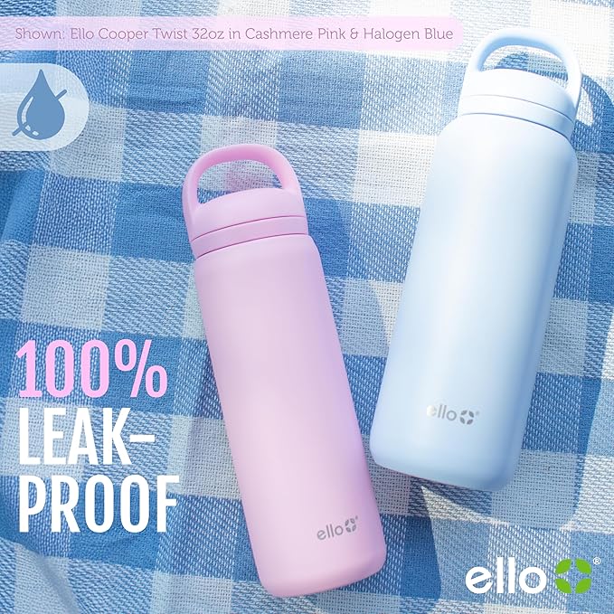 Ello Cooper Twist 18oz Kids Stainless Steel Water Bottle with Chug Lid | Leak Proof Double Walled and Vacuum Insulated | Fits Car Cupholder | Built in Carry Loop | Dishwasher Safe | Yucca